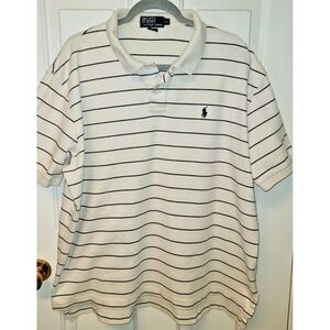 Polo Ralph Lauren Mens Polo Golf Shirt 2XL White Navy Striped Logo Short Sleeve